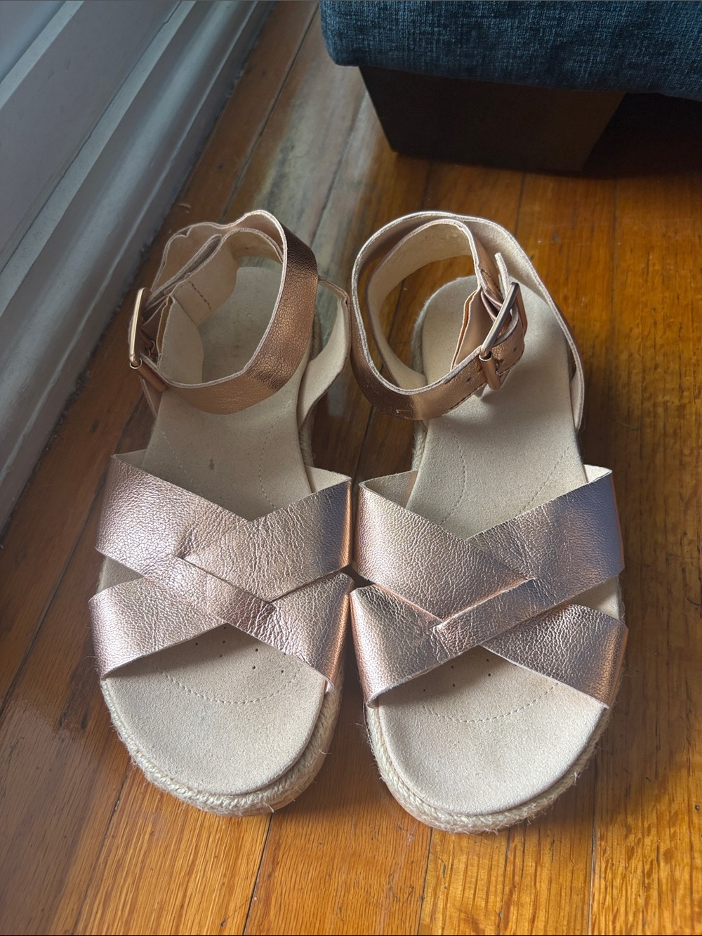 Clarks Rose Gold Metallic Ankle-Strap Espadrille Sandals